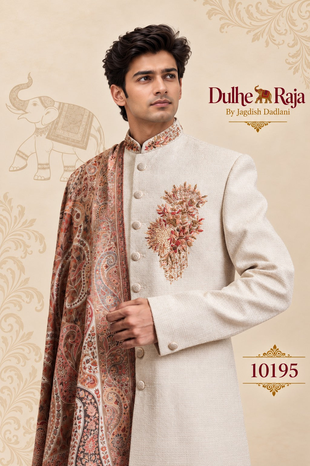 Ivory sherwani floral bouquet embroidery and printed dupatta detail, design 10195