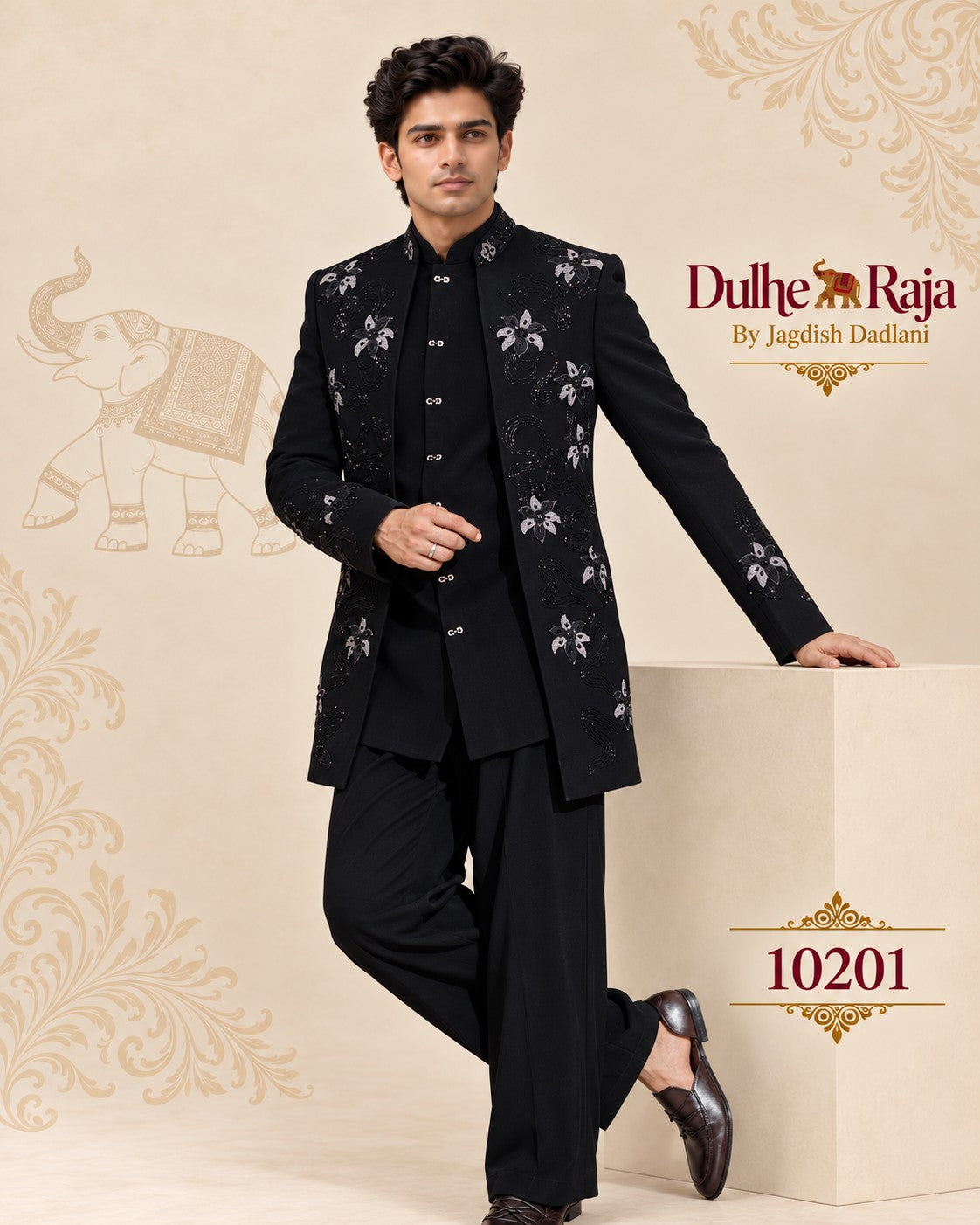 Black silver embroidered open indo western for groom, design 10201 - Dulhe Raja Bhopal