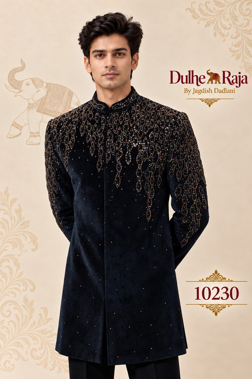 Navy velvet jodhpuri shoulder crystal cascade detail, design 10230