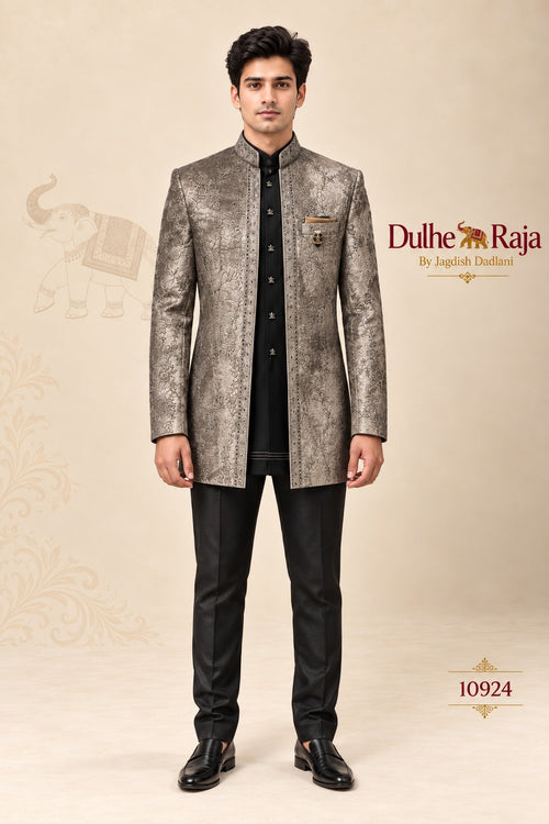 Dulhe Raja antique silver gold brocade open jodhpuri jacket, design 10924