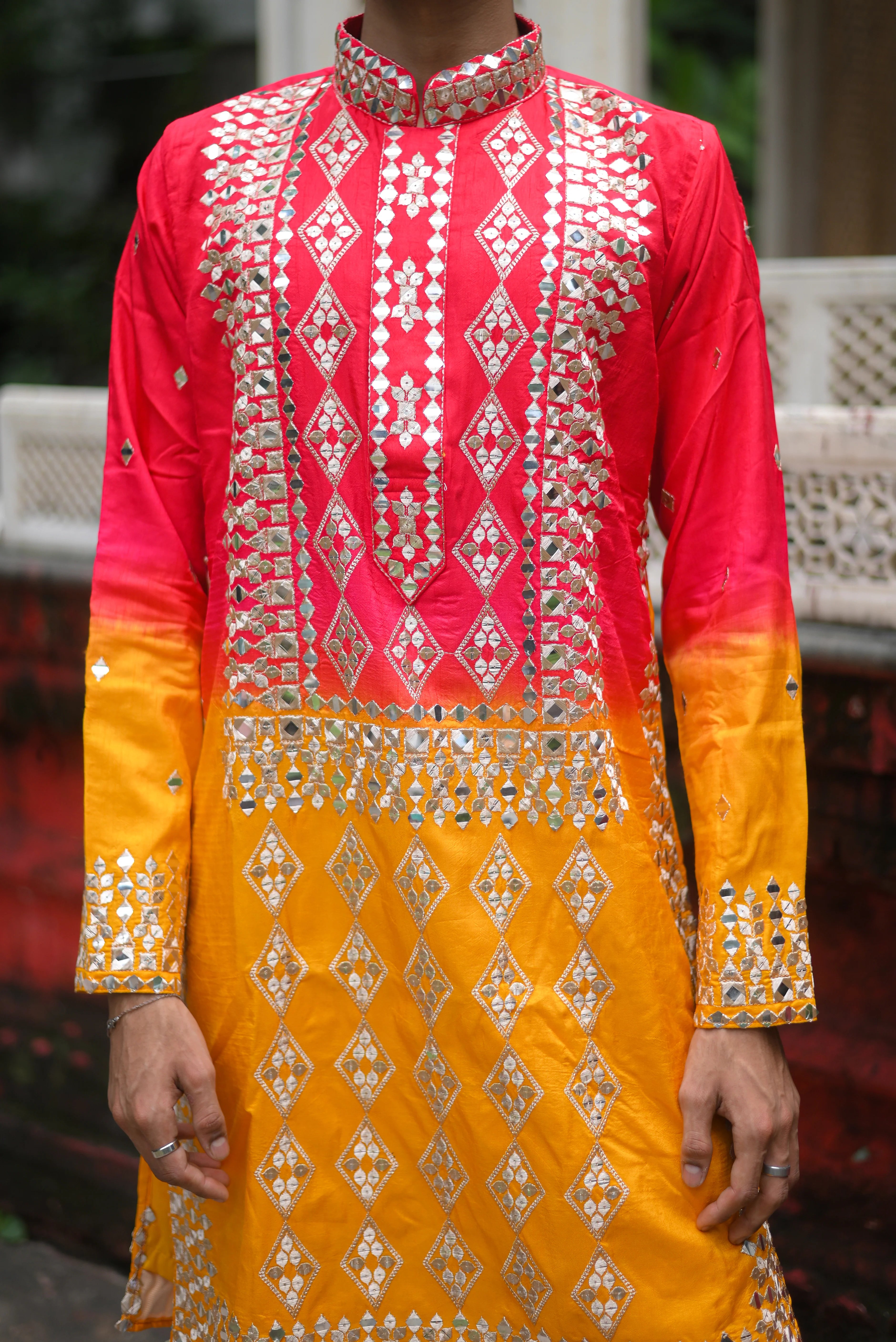 Spark Pink and Yellow Silk Kurta Set