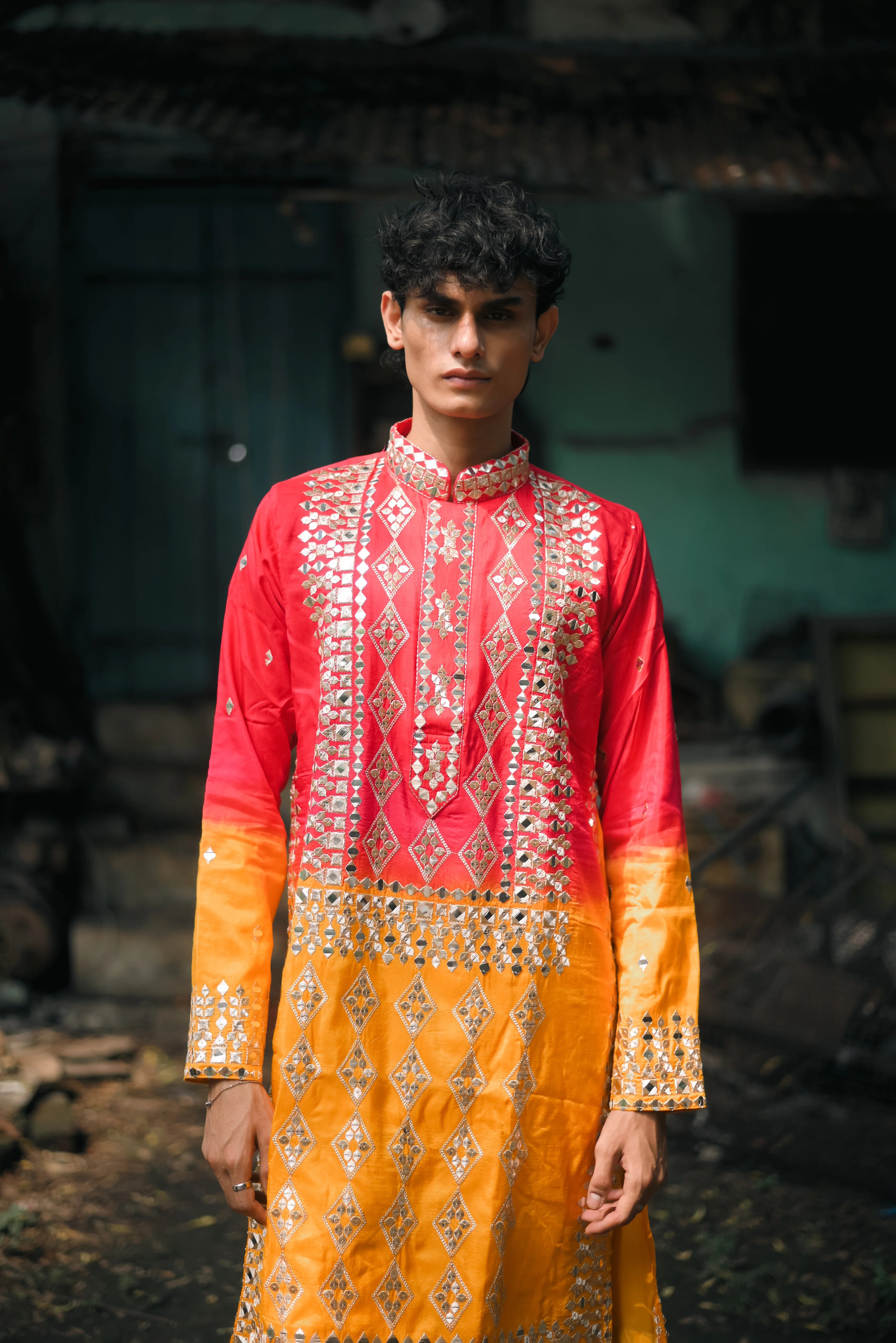 Spark Pink and Yellow Silk Kurta Set