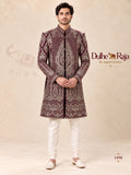Dulhe Raja wine velvet open shrug sherwani with silver zardozi work, design 1498