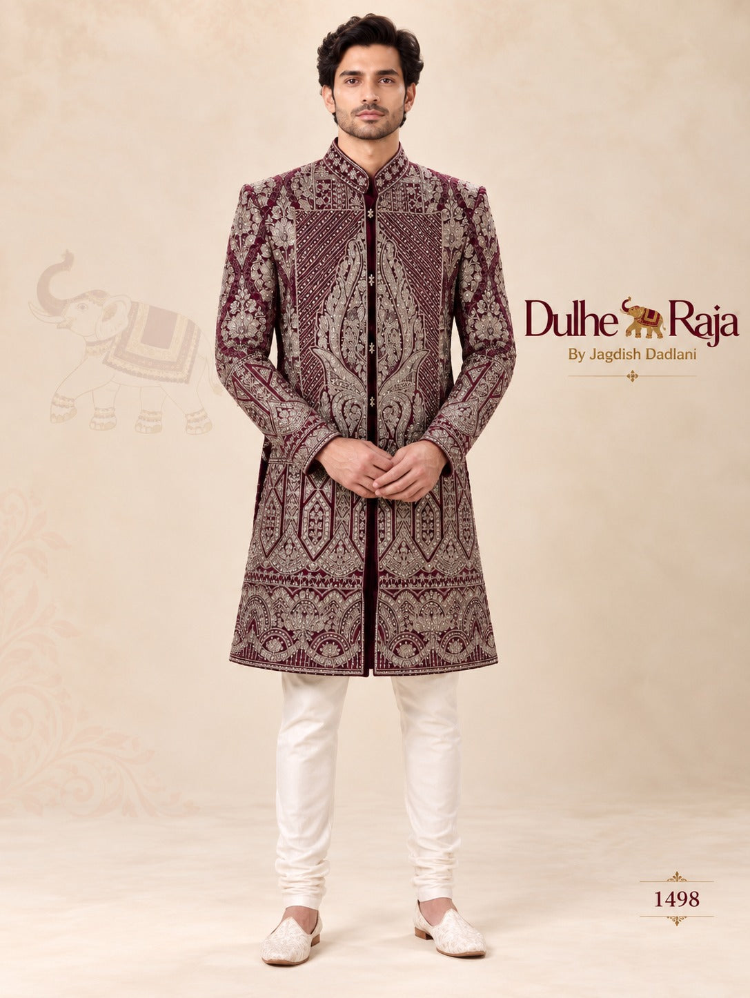 Dulhe Raja wine velvet open shrug sherwani with silver zardozi work, design 1498