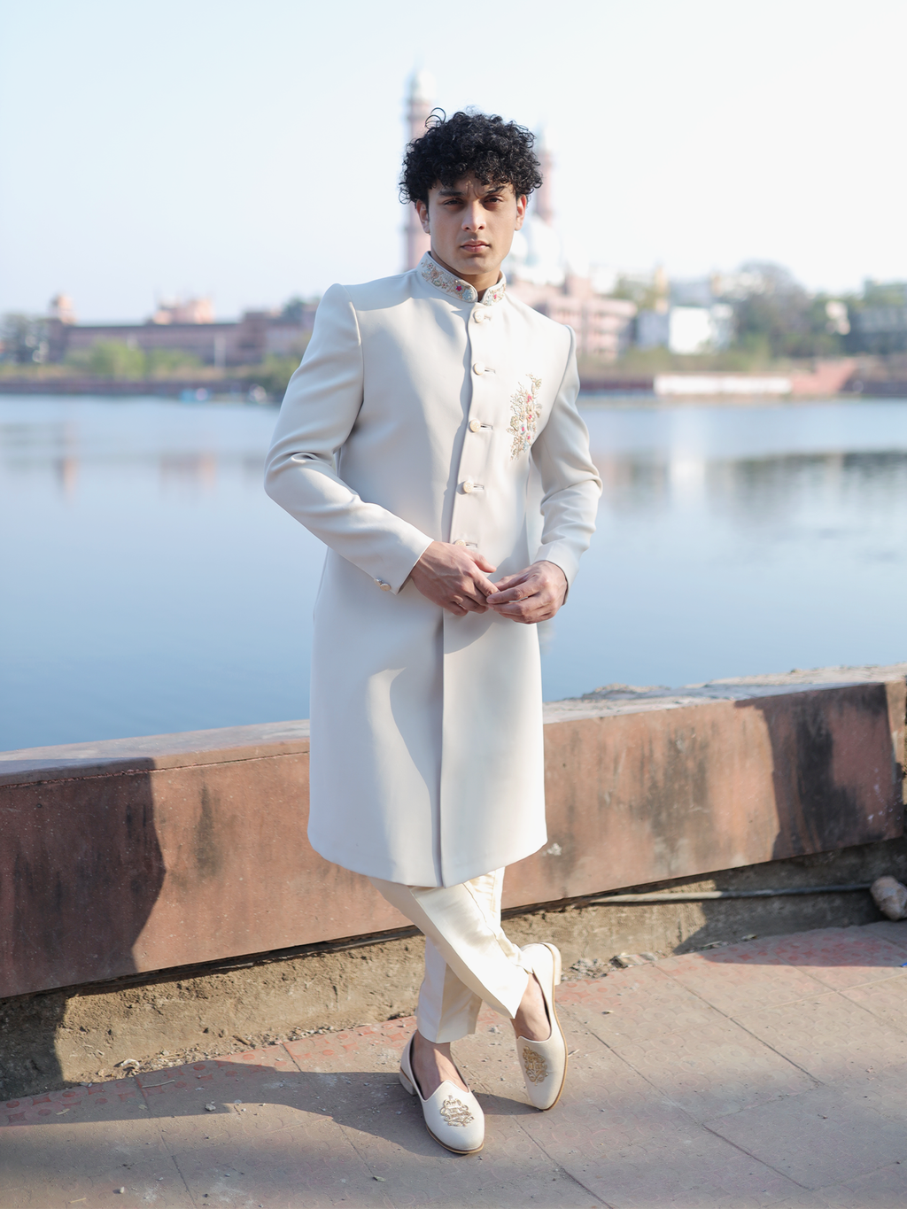 Ivory Royal Silk Sherwani with Gold Collar Embroidery
