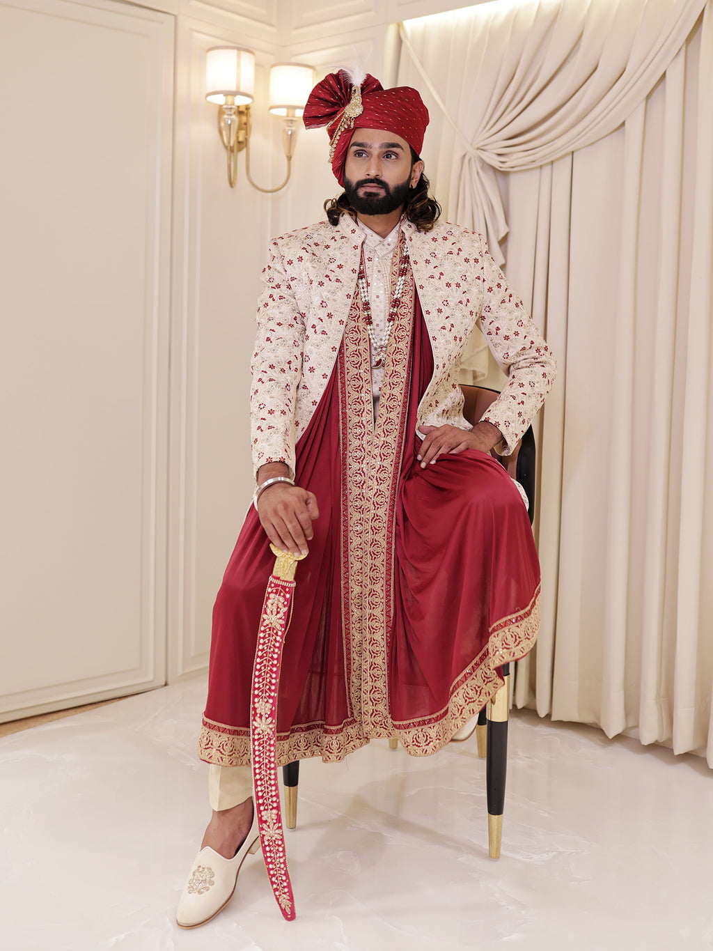 Vivek Floral Off White Sherwani with Dupatta