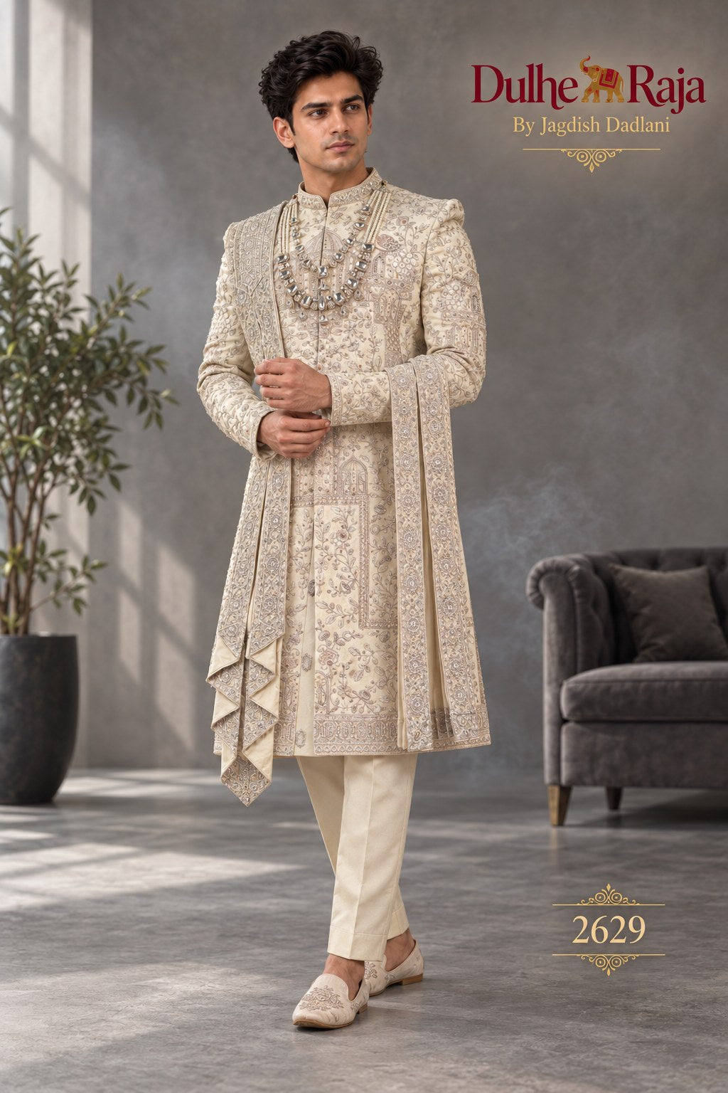 Silver beige layered wedding sherwani side view - design 2629-SILVER