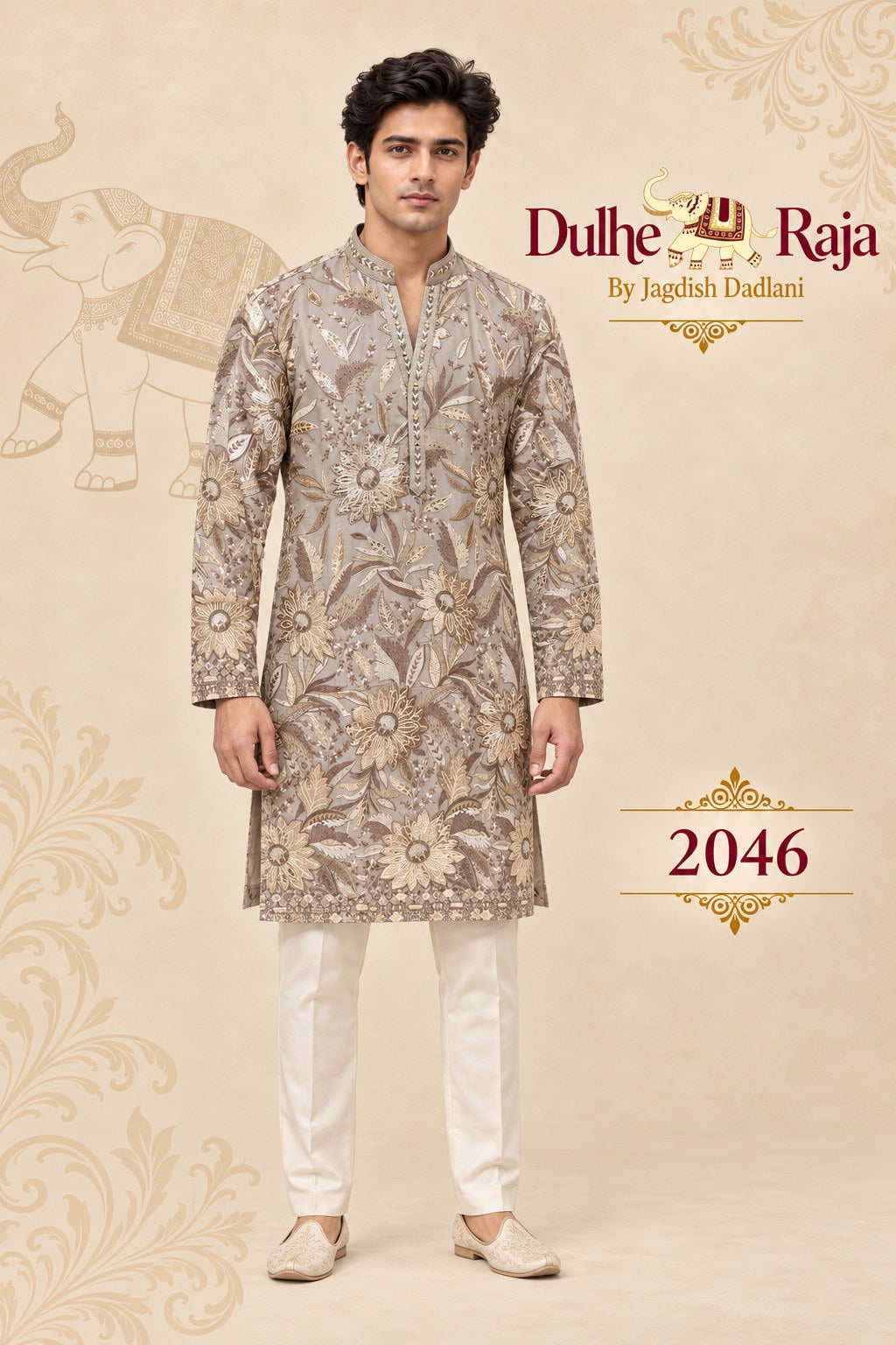 Taupe gold floral embroidered kurta set - Dulhe Raja Bhopal design 2046