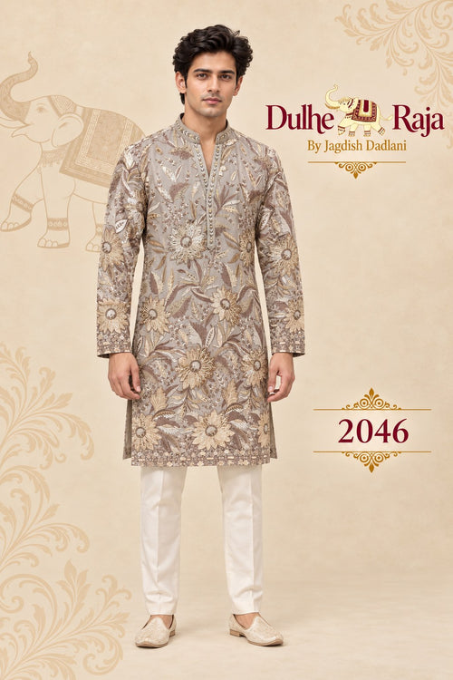 Taupe gold floral embroidered kurta set - Dulhe Raja Bhopal design 2046