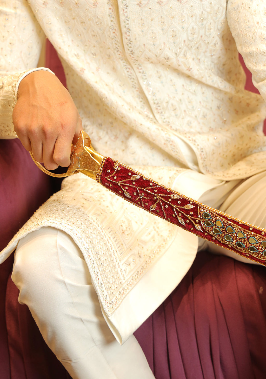 Royal Maroon Peacock Beaded Wedding Sword