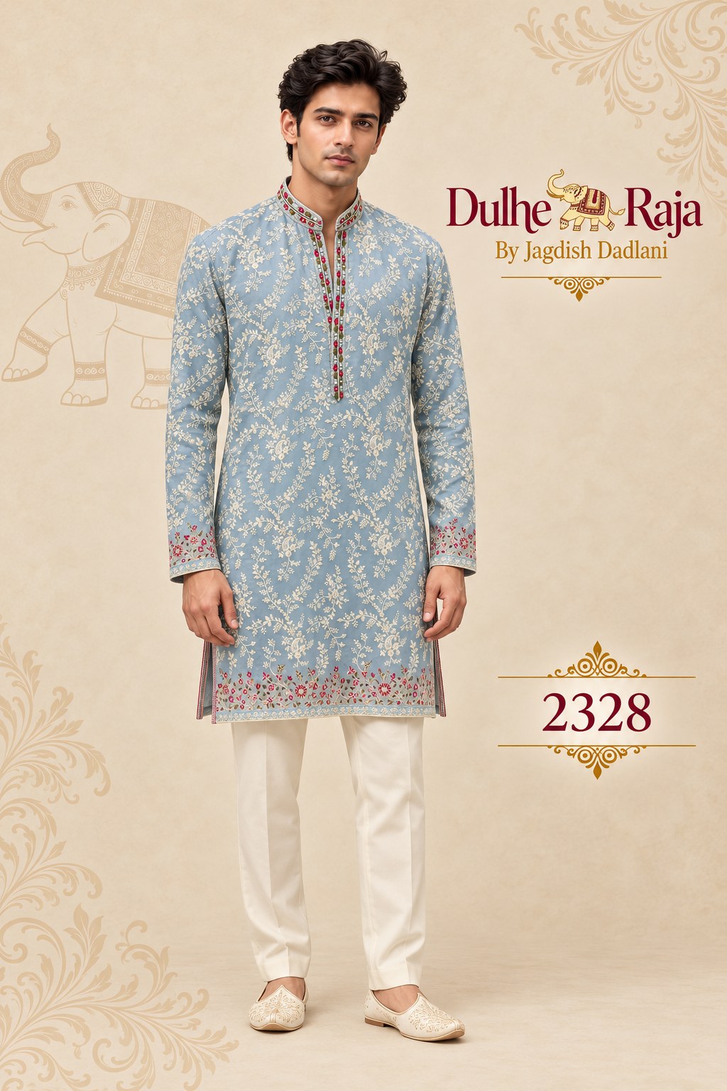 Sky blue floral embroidered kurta set - Dulhe Raja Bhopal design 2328