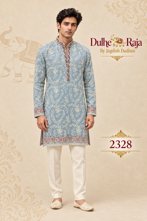 Sky blue floral embroidered kurta set - Dulhe Raja Bhopal design 2328