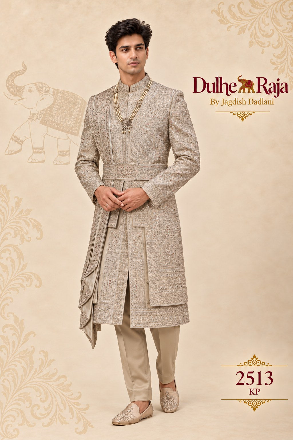 Beige embroidered wedding sherwani with drape - Dulhe Raja Bhopal design 2513-KP