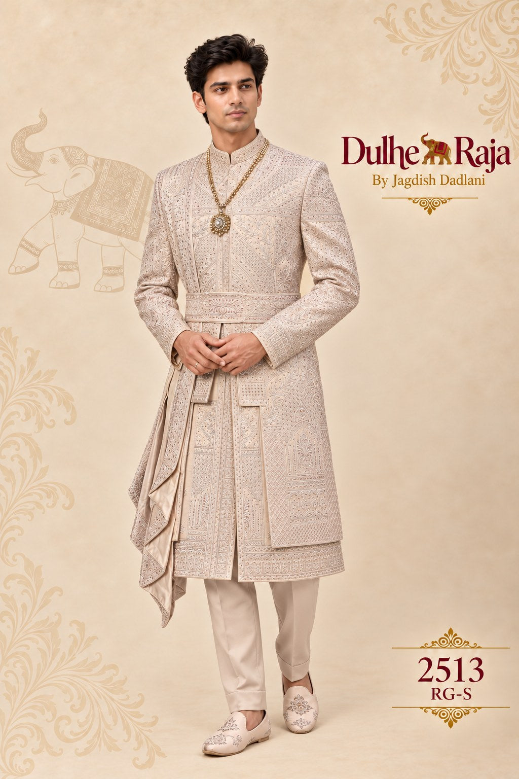Rose beige embroidered wedding sherwani - Dulhe Raja Bhopal design 2513-RG-S