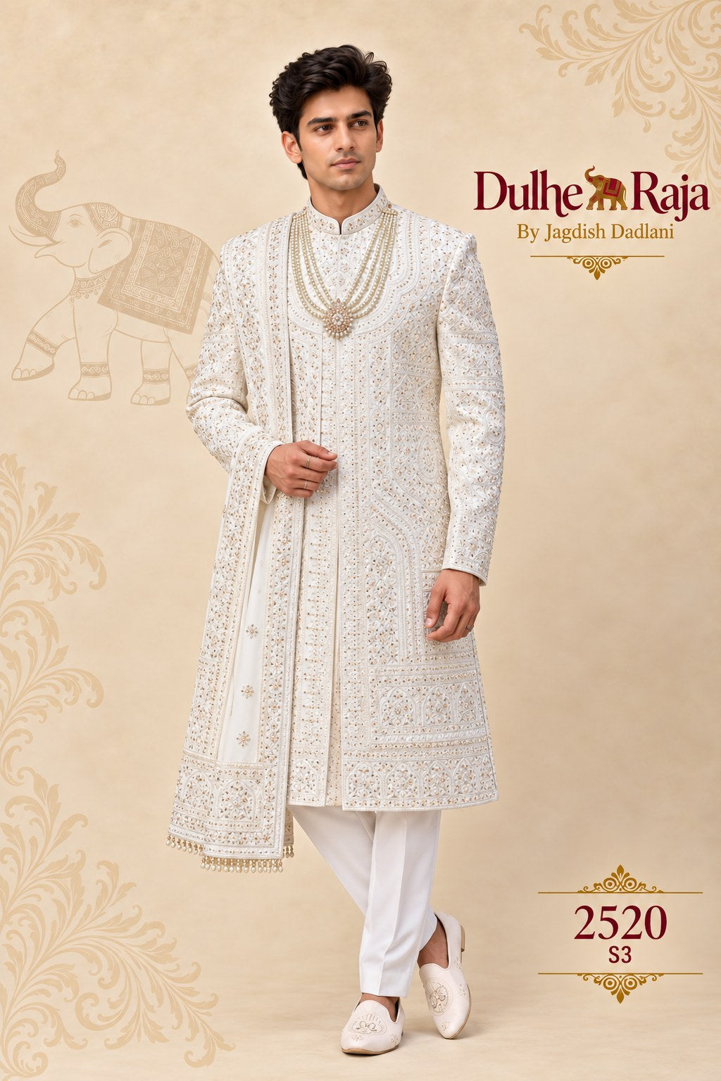 Ivory chikankari wedding sherwani for groom - Dulhe Raja Bhopal design 2520-S3