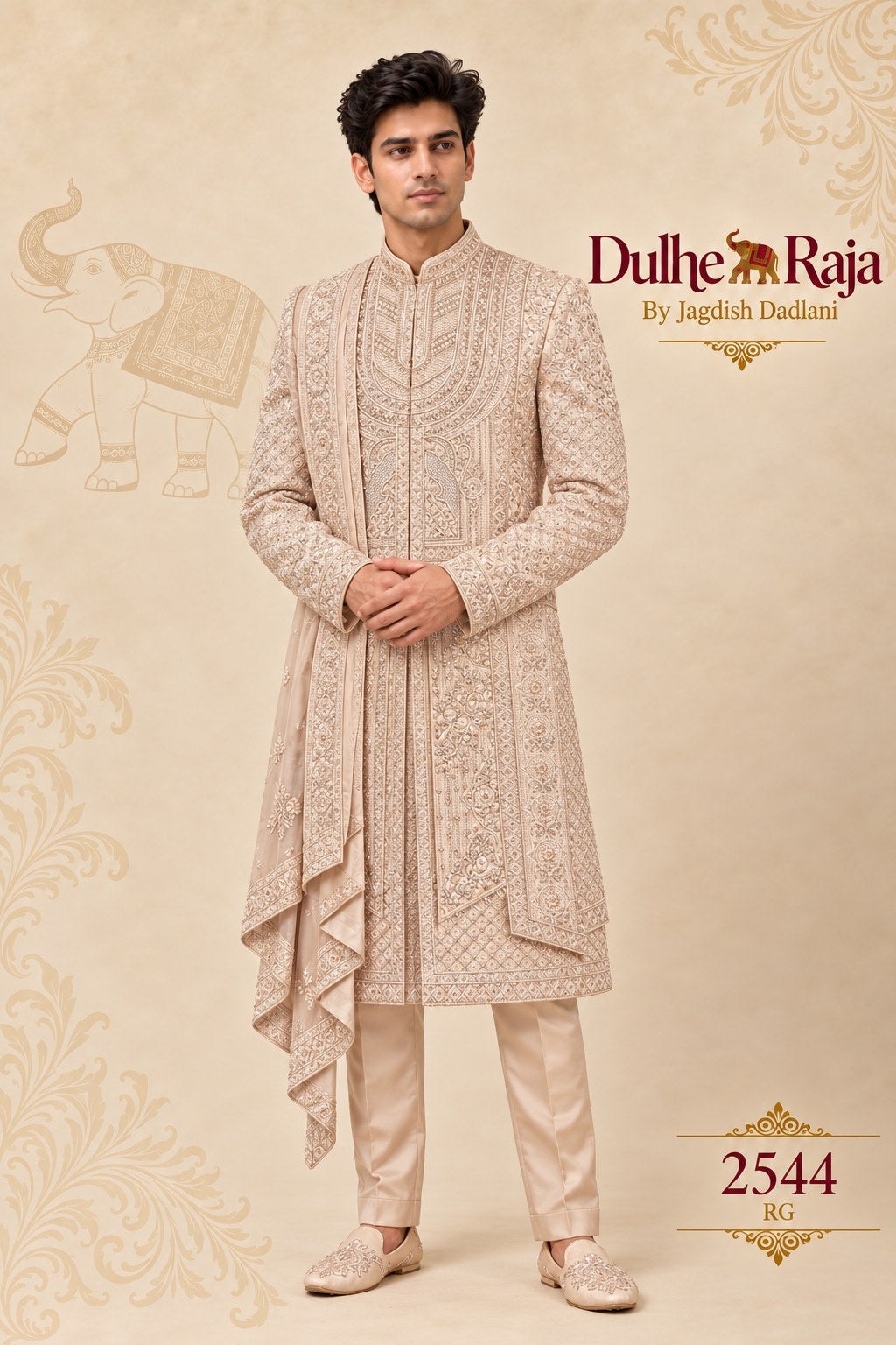 Blush embroidered wedding sherwani with drape - Dulhe Raja Bhopal design 2544-RG