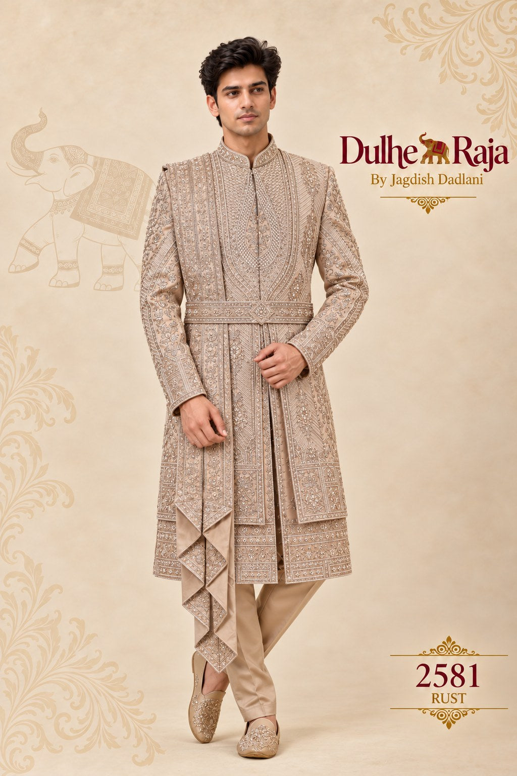 Rust beige wedding sherwani with drape - Dulhe Raja Bhopal design 2581-RUST