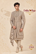 Beige wedding sherwani with side drape - Dulhe Raja Bhopal design 2584-RUST