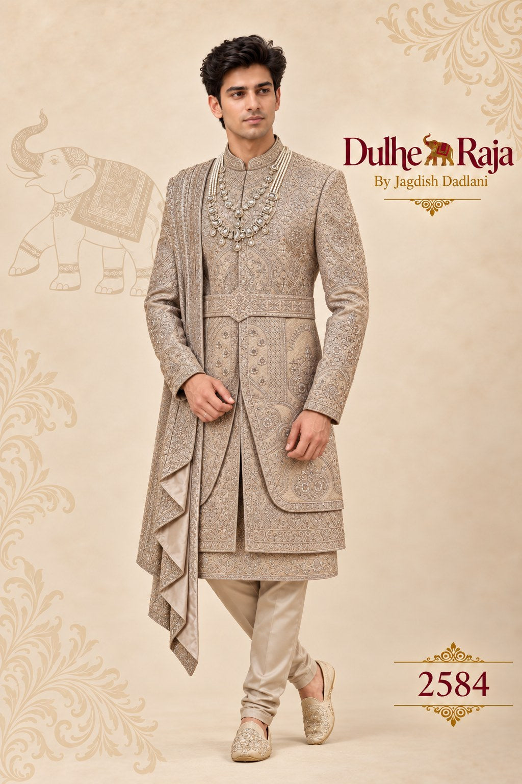 Beige wedding sherwani with side drape - Dulhe Raja Bhopal design 2584-RUST