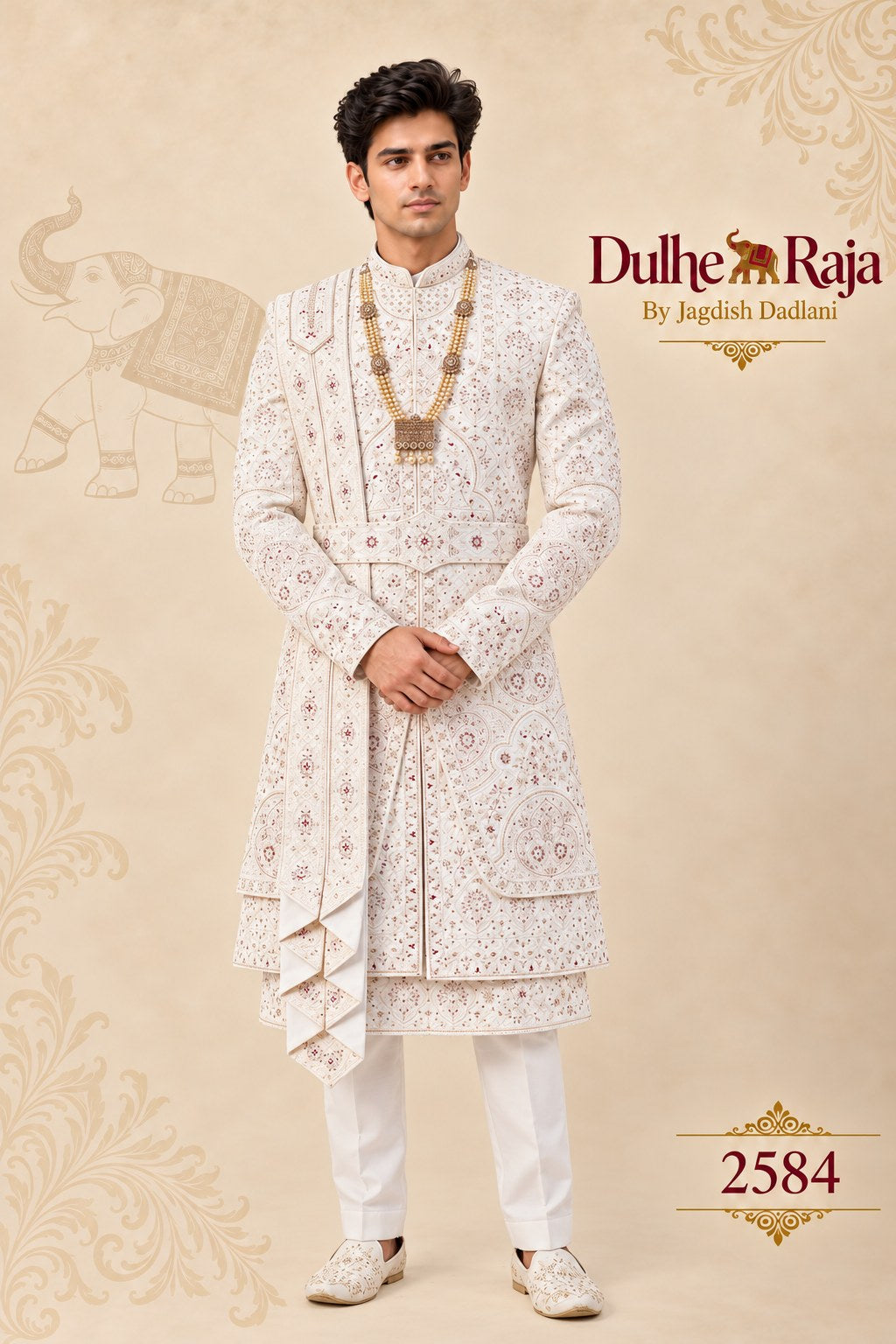 Ivory silver work wedding sherwani with dupatta - Dulhe Raja Bhopal design 2584-S2