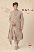 Taupe wedding sherwani with belt and drape - Dulhe Raja Bhopal design 2601-RUST