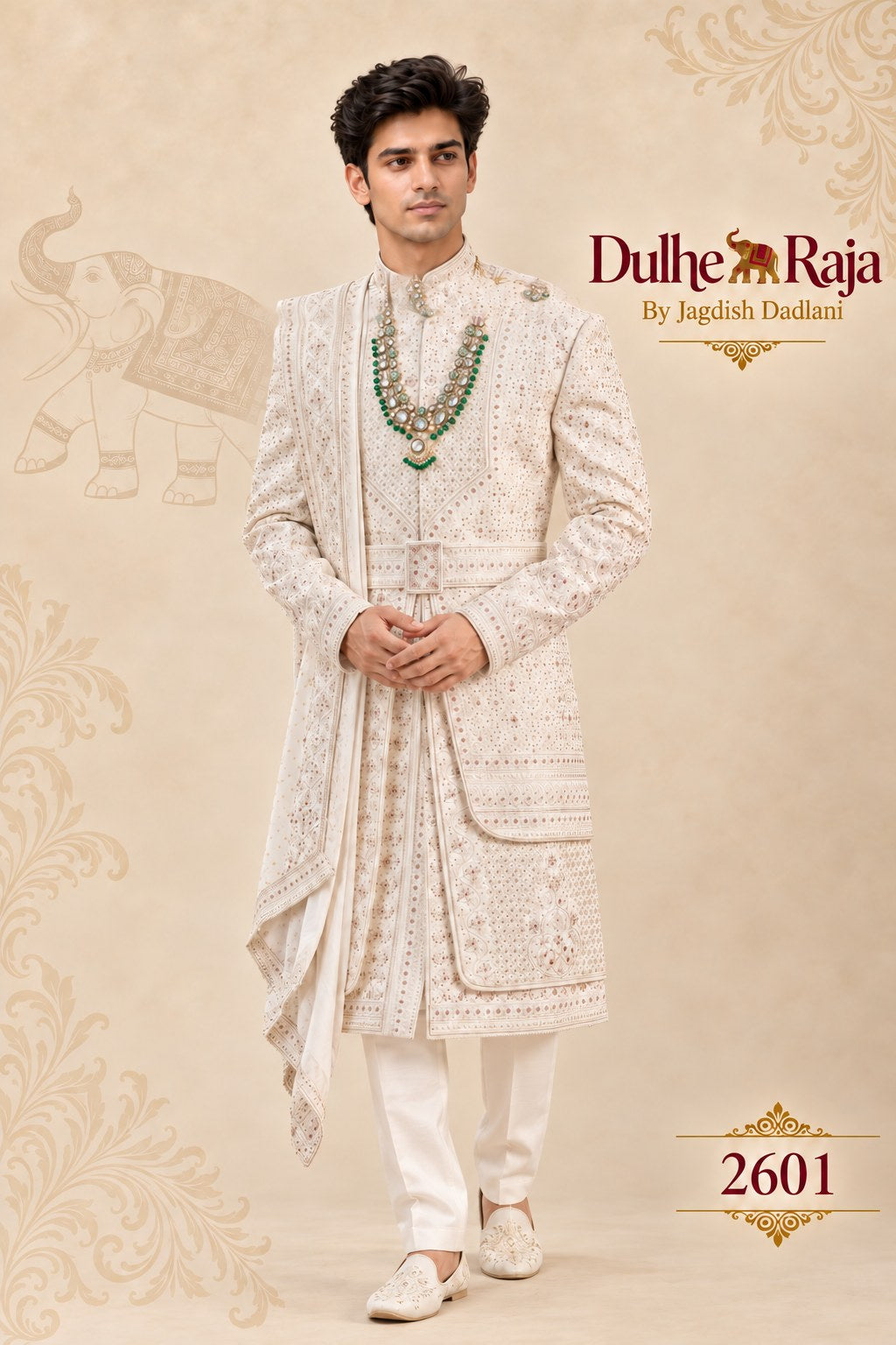 Ivory wedding sherwani with dupatta - Dulhe Raja Bhopal design 2601-S3