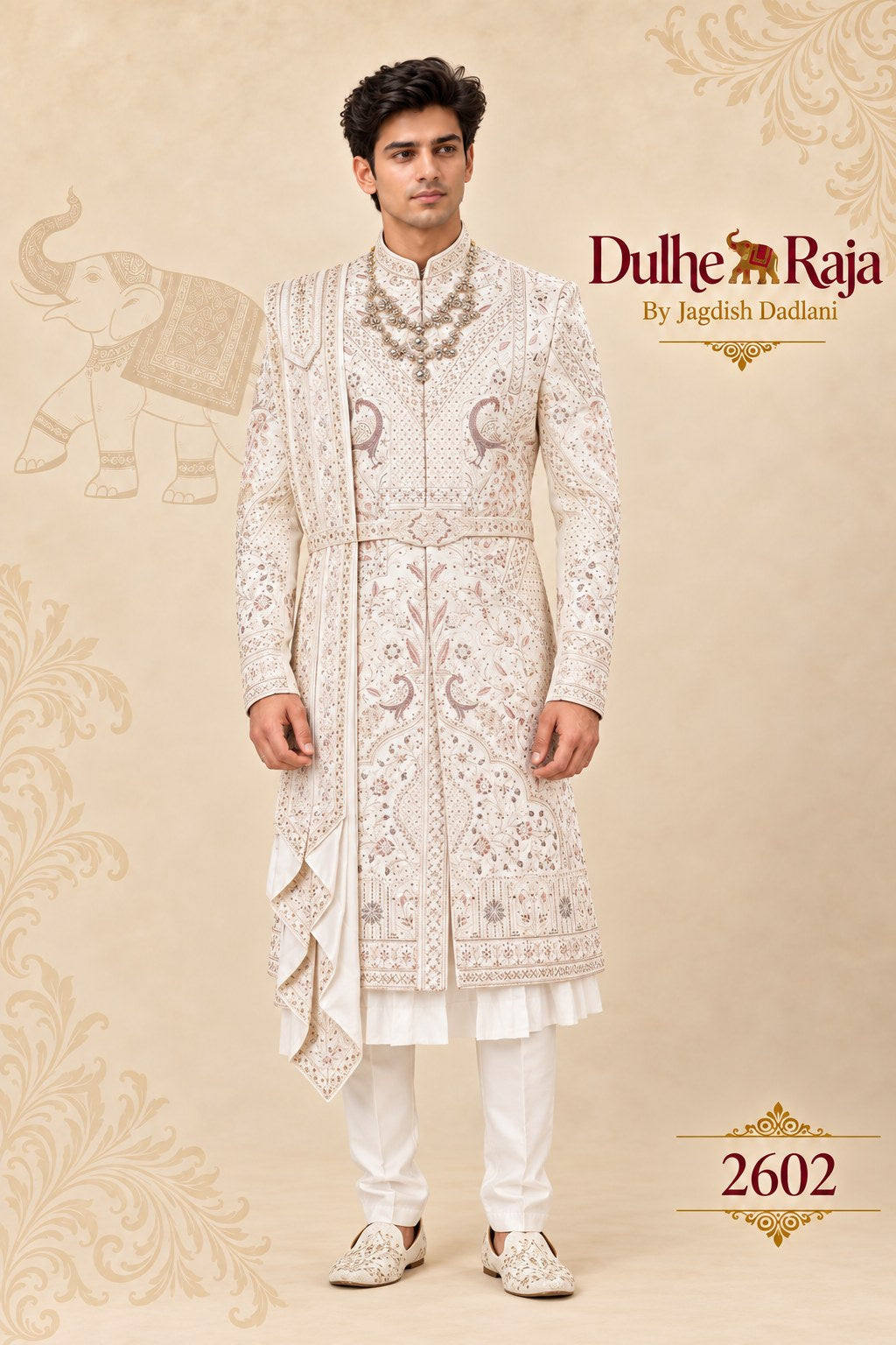 Ivory layered wedding sherwani with dupatta - Dulhe Raja Bhopal design 2602-S3
