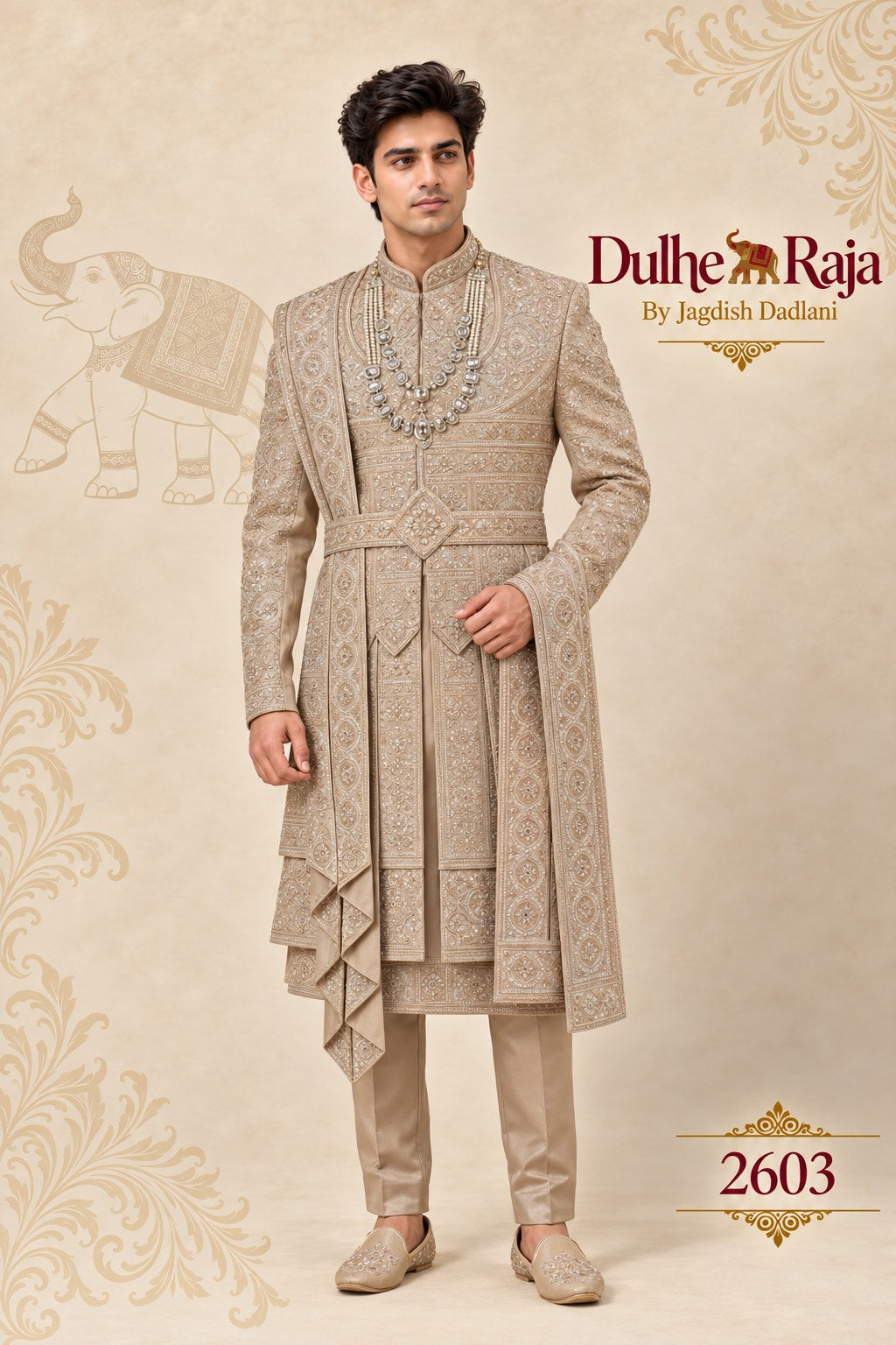 Beige layered wedding sherwani for groom - Dulhe Raja Bhopal design 2603-KP