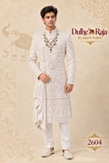 Ivory wedding sherwani with belt and drape - Dulhe Raja Bhopal design 2604-S2