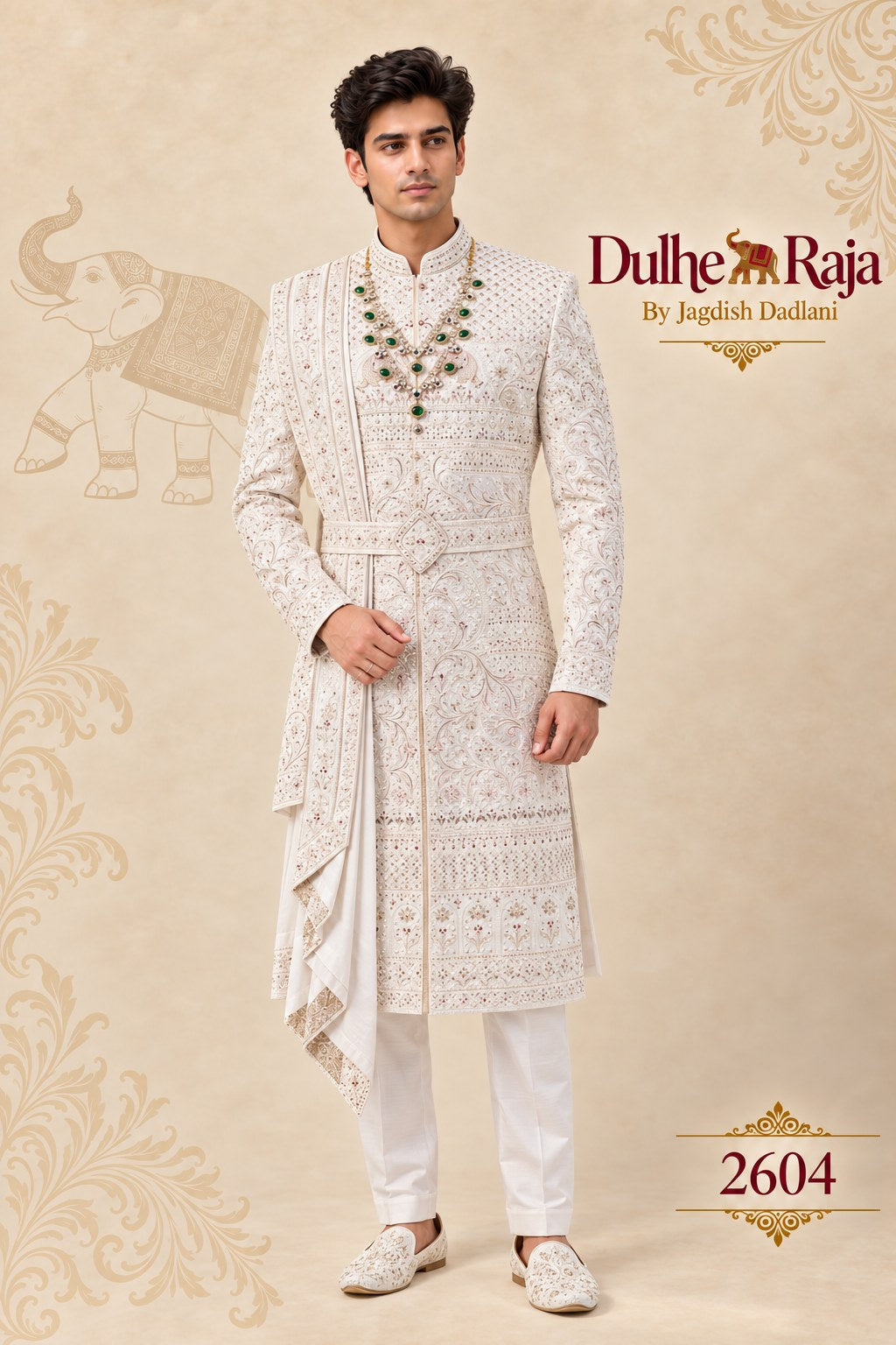 Ivory wedding sherwani with belt and drape - Dulhe Raja Bhopal design 2604-S2
