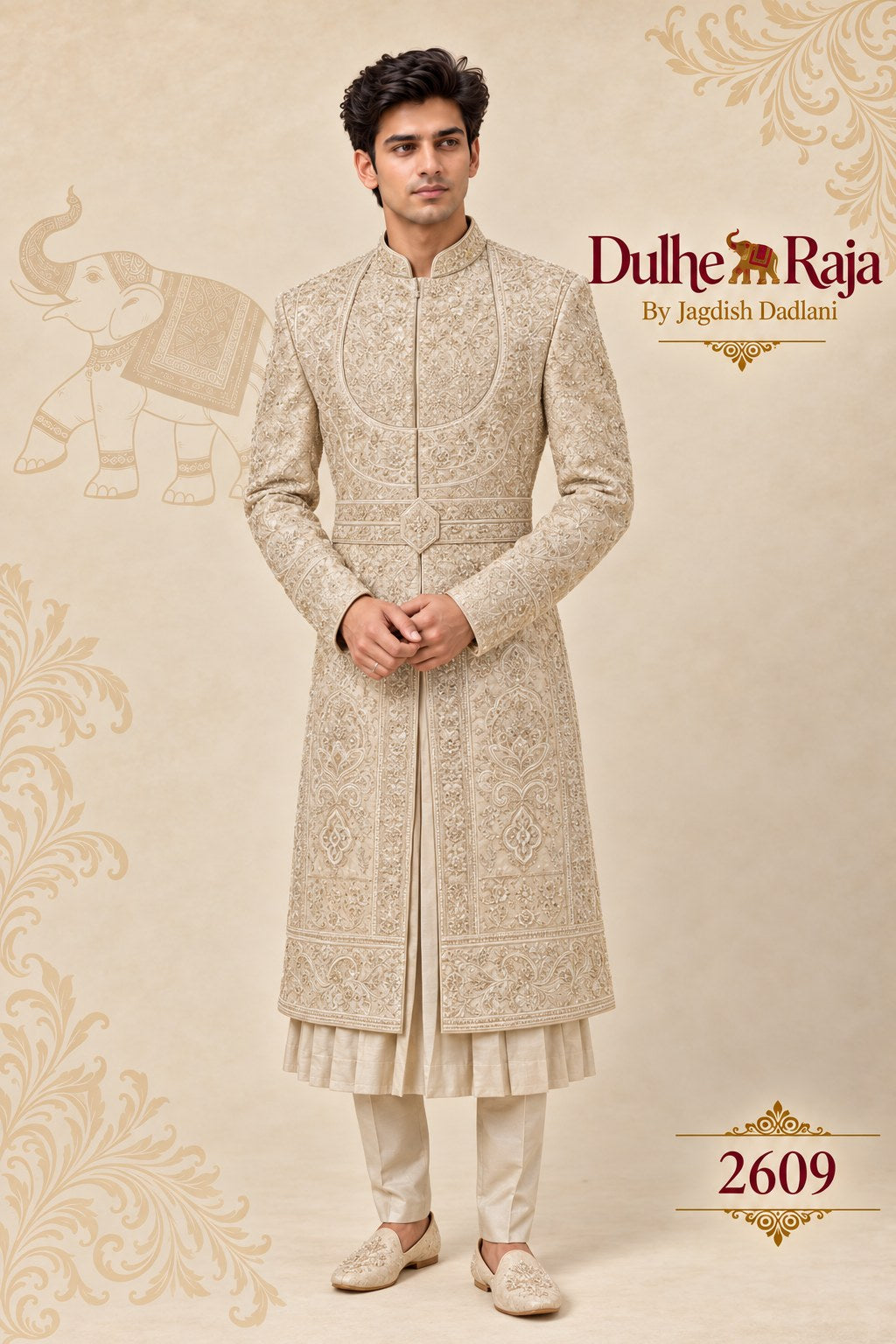 Beige classic wedding sherwani for groom - Dulhe Raja Bhopal design 2609-ANMOL