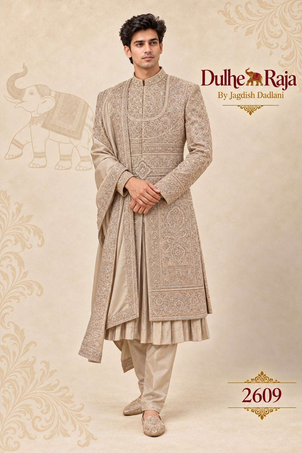Rust beige wedding sherwani with shawl - Dulhe Raja Bhopal design 2609-RUST