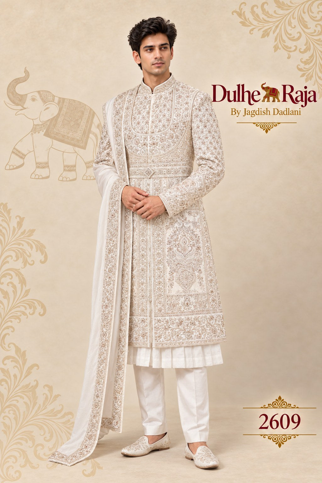 Ivory wedding sherwani with long dupatta - Dulhe Raja Bhopal design 2609-S3
