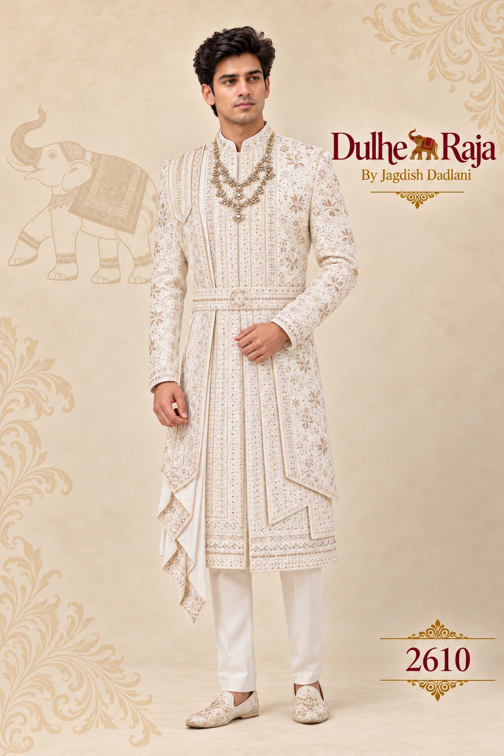 Ivory wedding sherwani with belt - Dulhe Raja Bhopal design 2610-S3