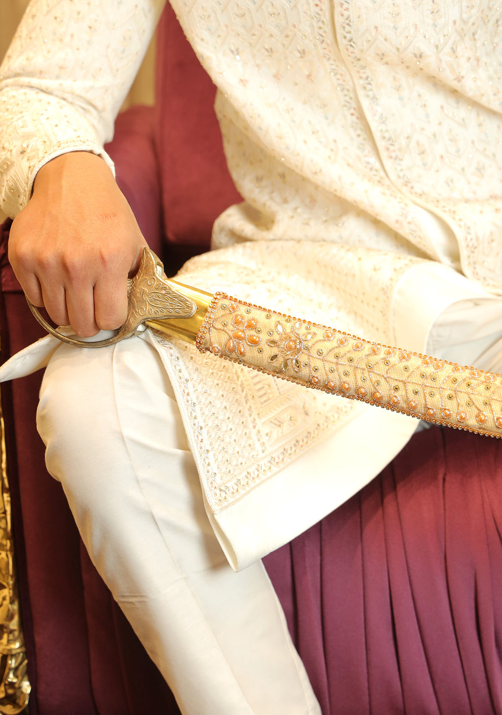 Ivory Floral Thread-Work Ceremonial Talwar