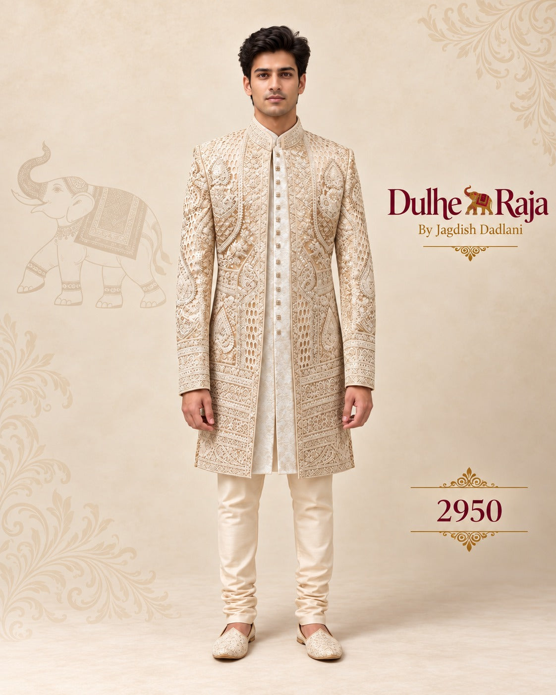 Dulhe Raja cream ivory heavily embroidered wedding sherwani with churidar, design 2950