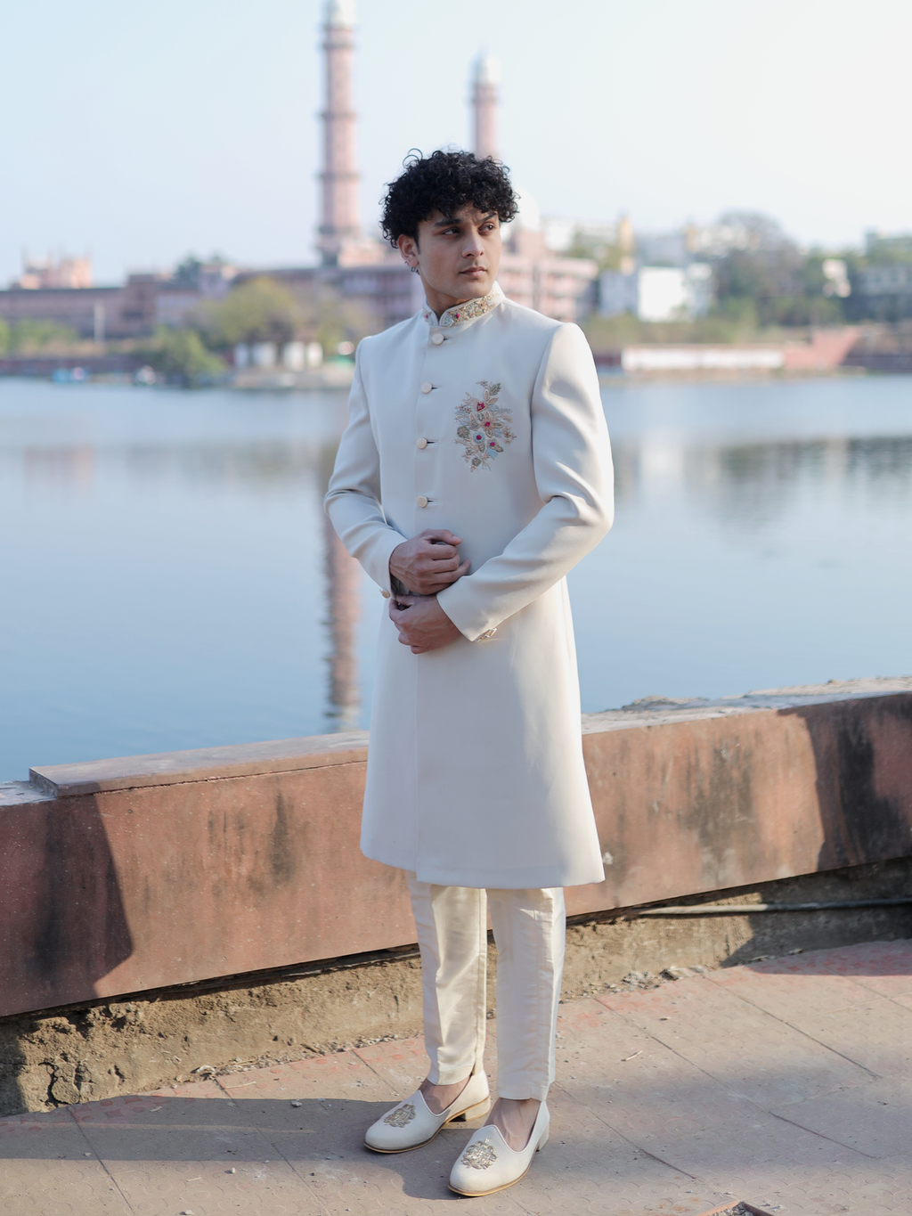Ivory Royal Silk Sherwani with Gold Collar Embroidery