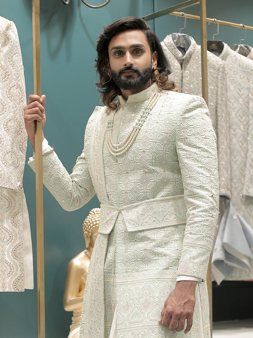 Aadhik Off Blue Sherwani with Dupatta
