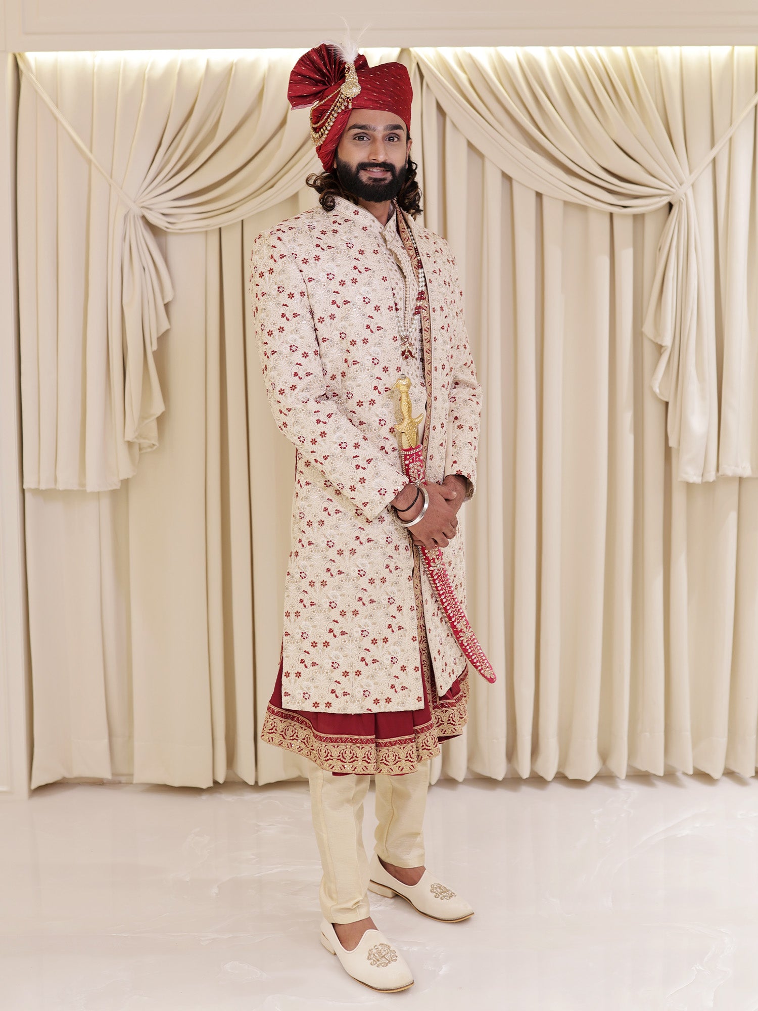 Vivek Floral Off White Sherwani with Dupatta