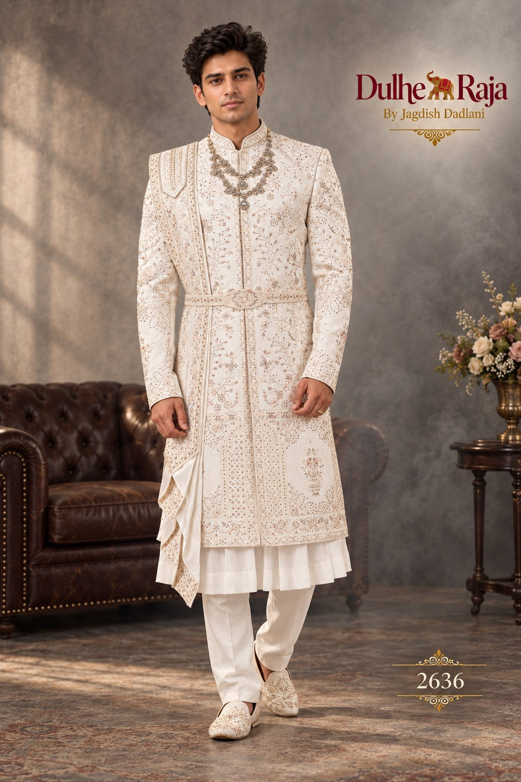 Ivory chikankari wedding sherwani - Dulhe Raja Bhopal design 2636-S3