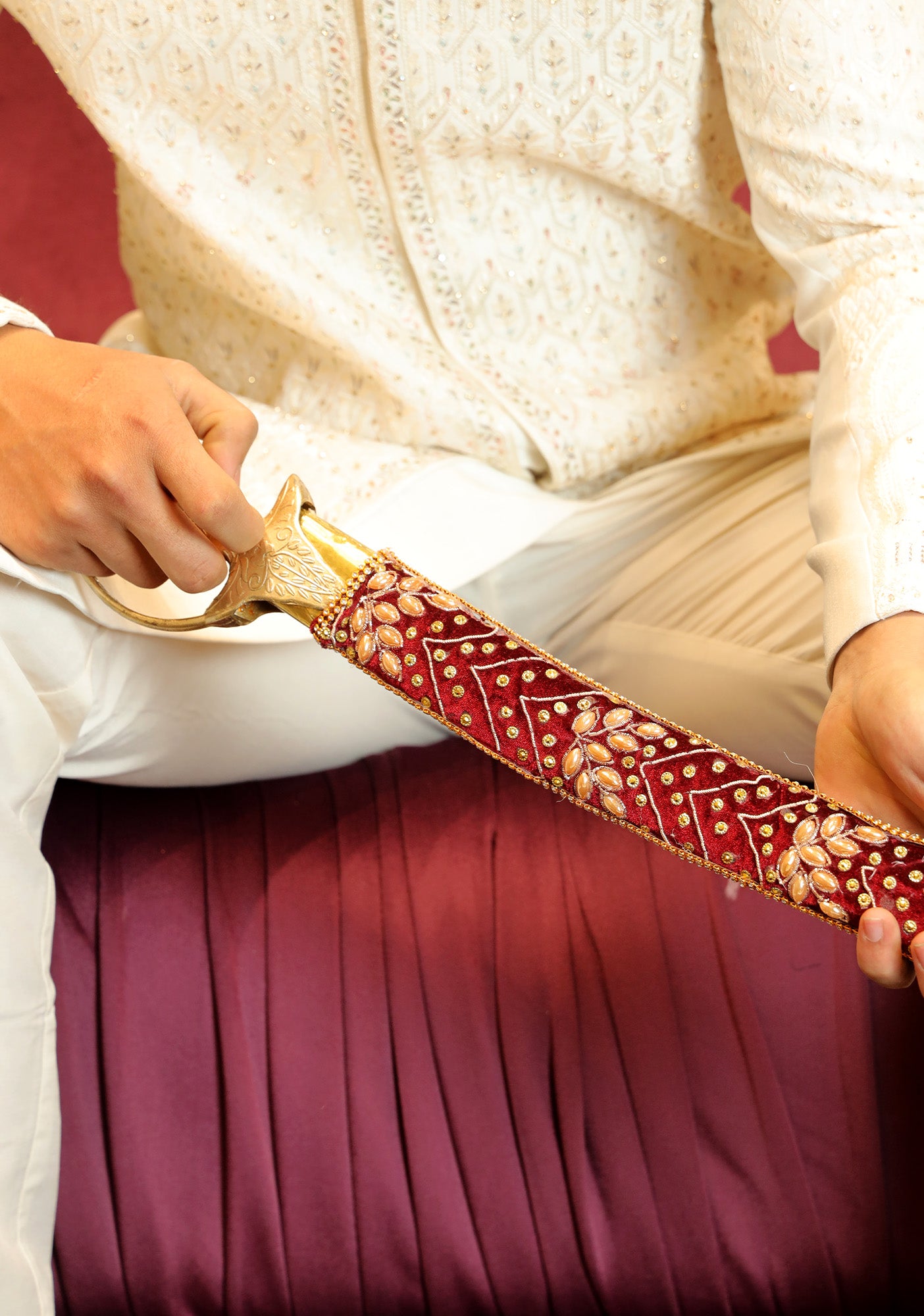 Maroon Geometric Kundan-Work Ceremonial Talwar