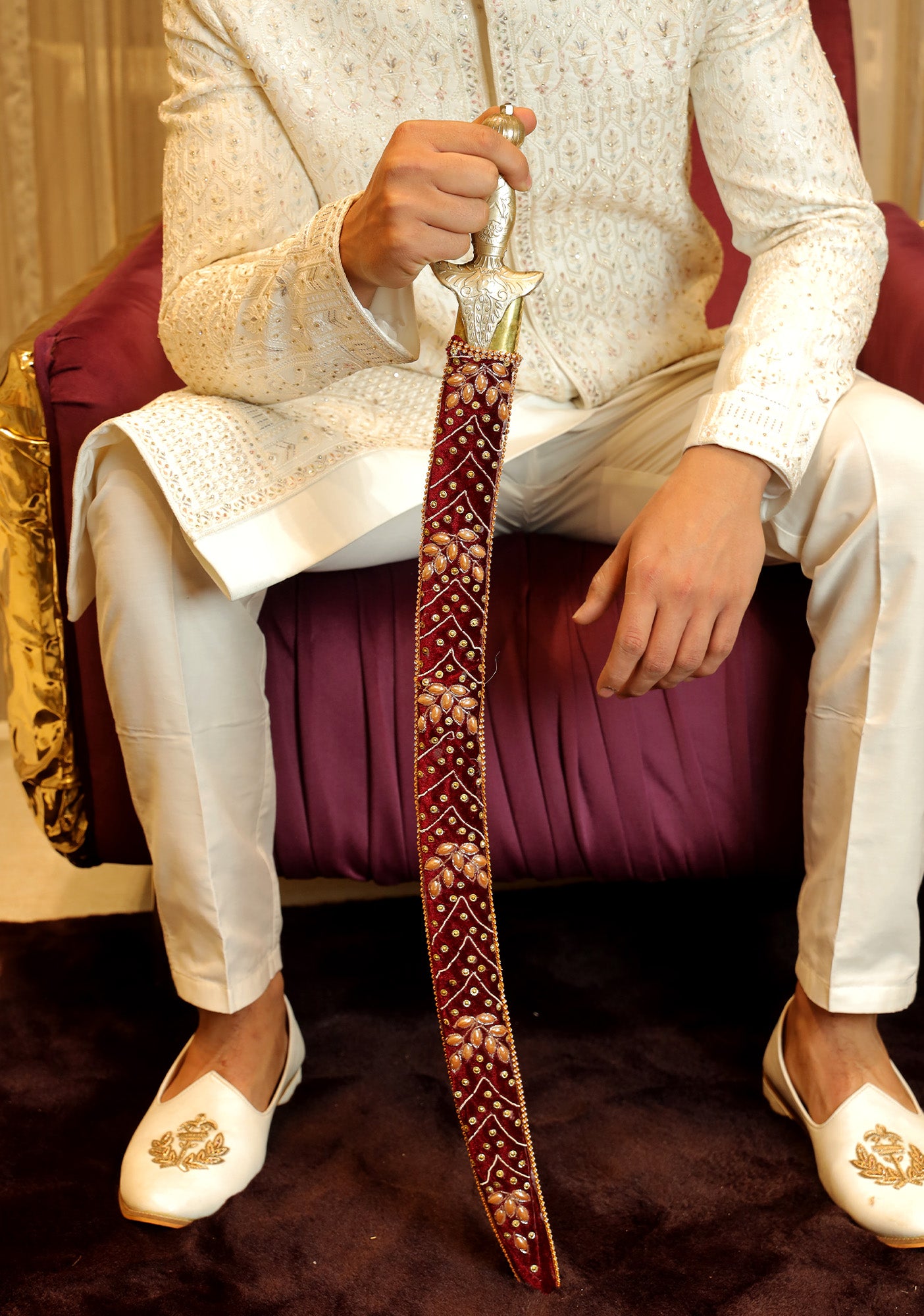 Maroon Geometric Kundan-Work Ceremonial Talwar