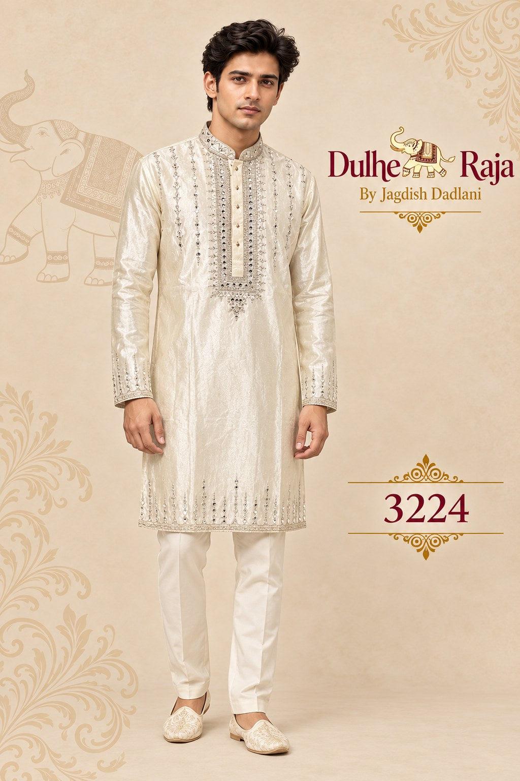 Ivory pearl work kurta set for groom - Dulhe Raja Bhopal design 3224