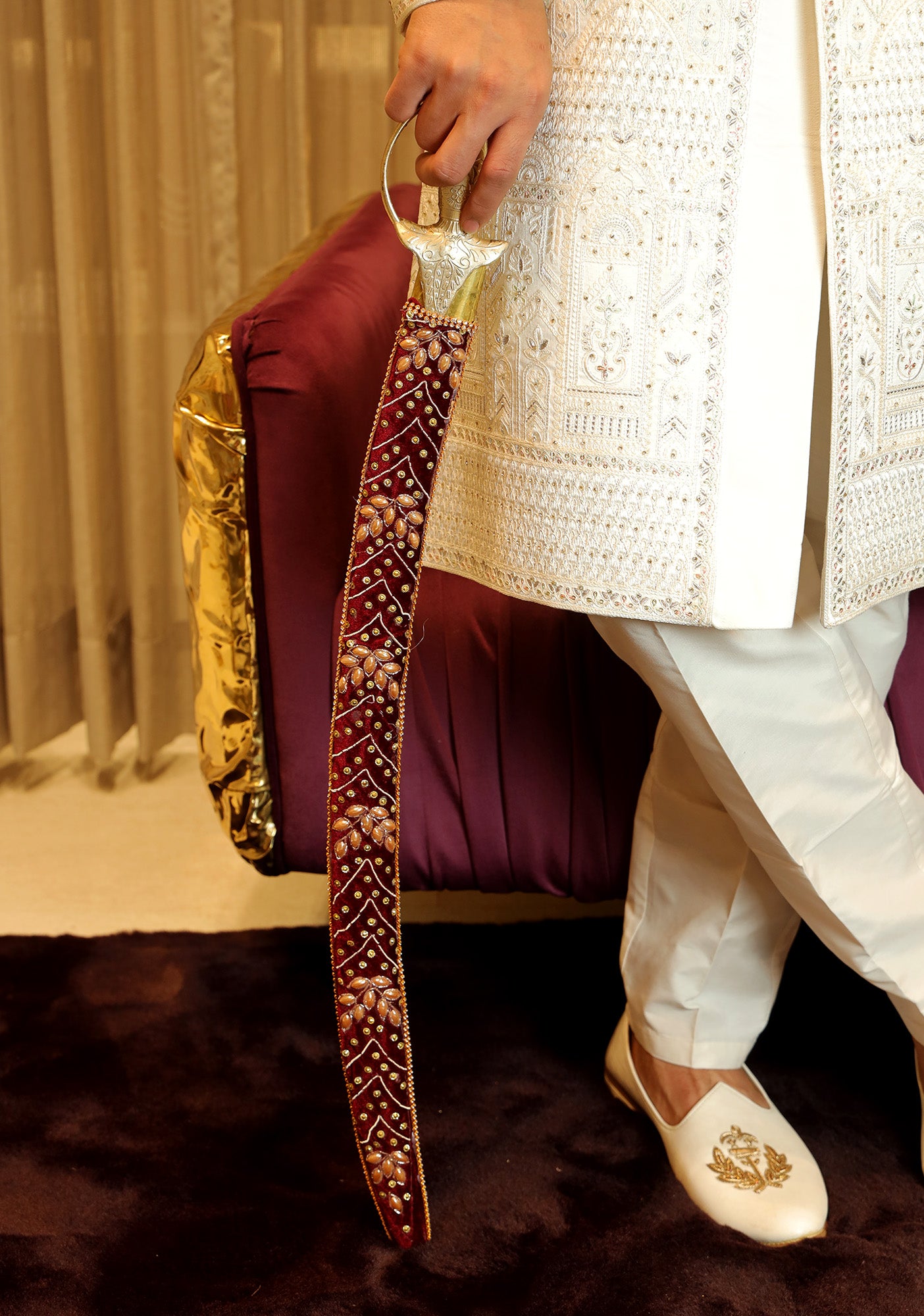 Maroon Geometric Kundan-Work Ceremonial Talwar