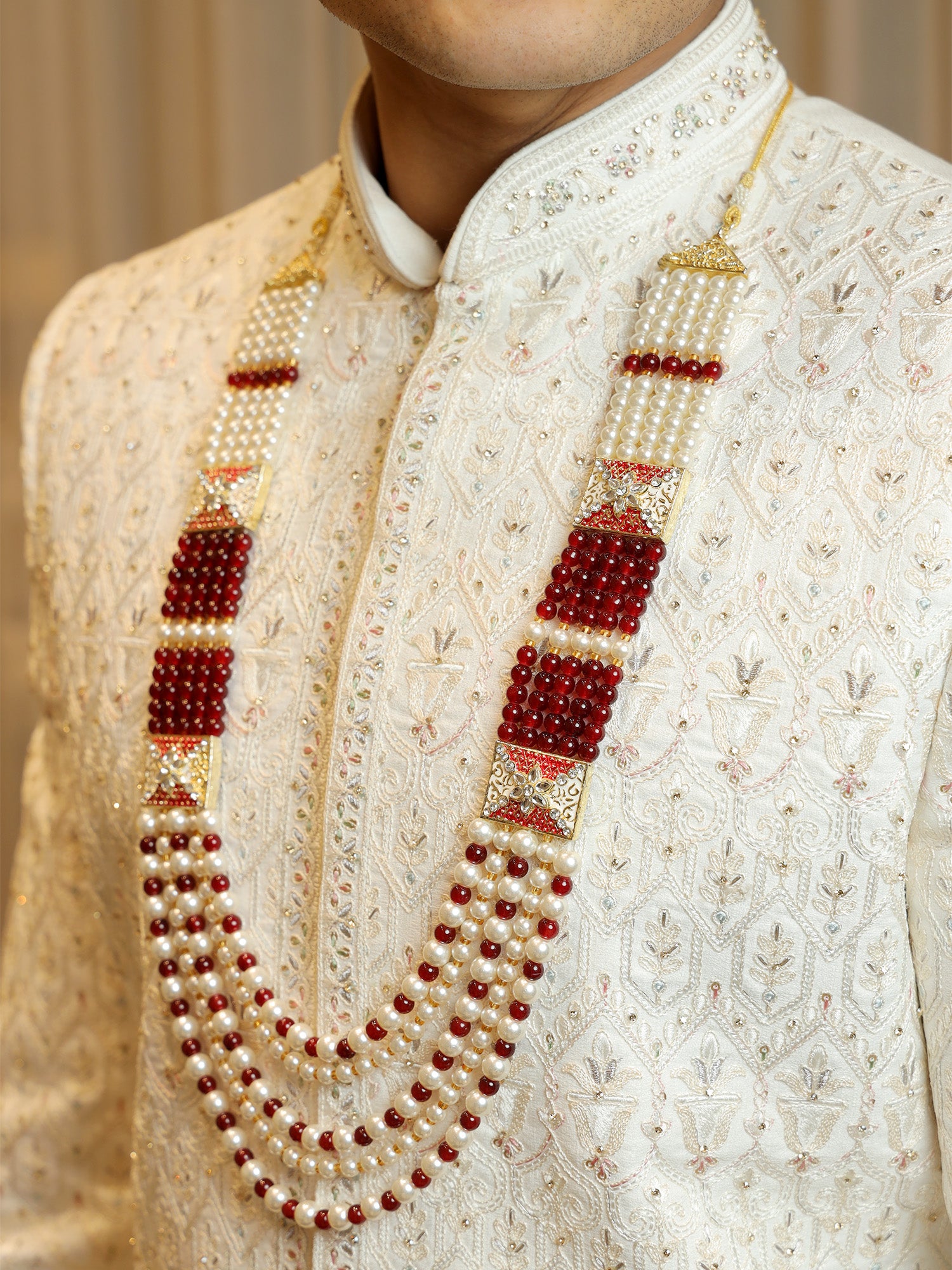 Royal Ruby Cascade Mala with Pearl Lattice