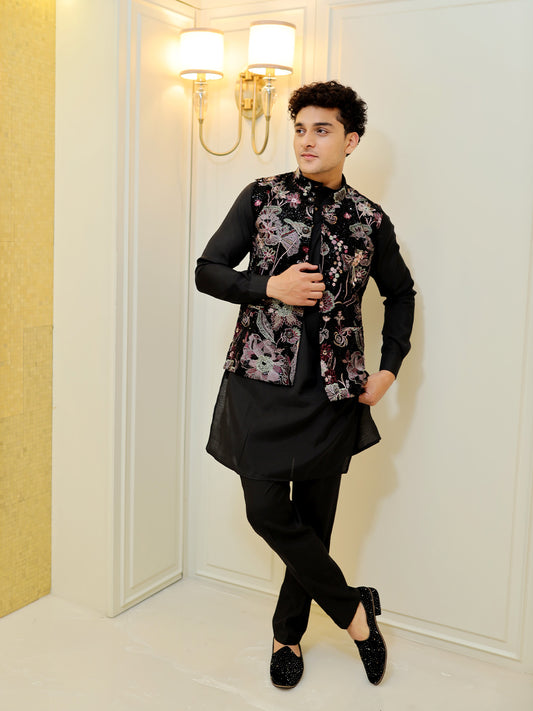 Midnight Bloom Fusion Kurta Set with Jacket