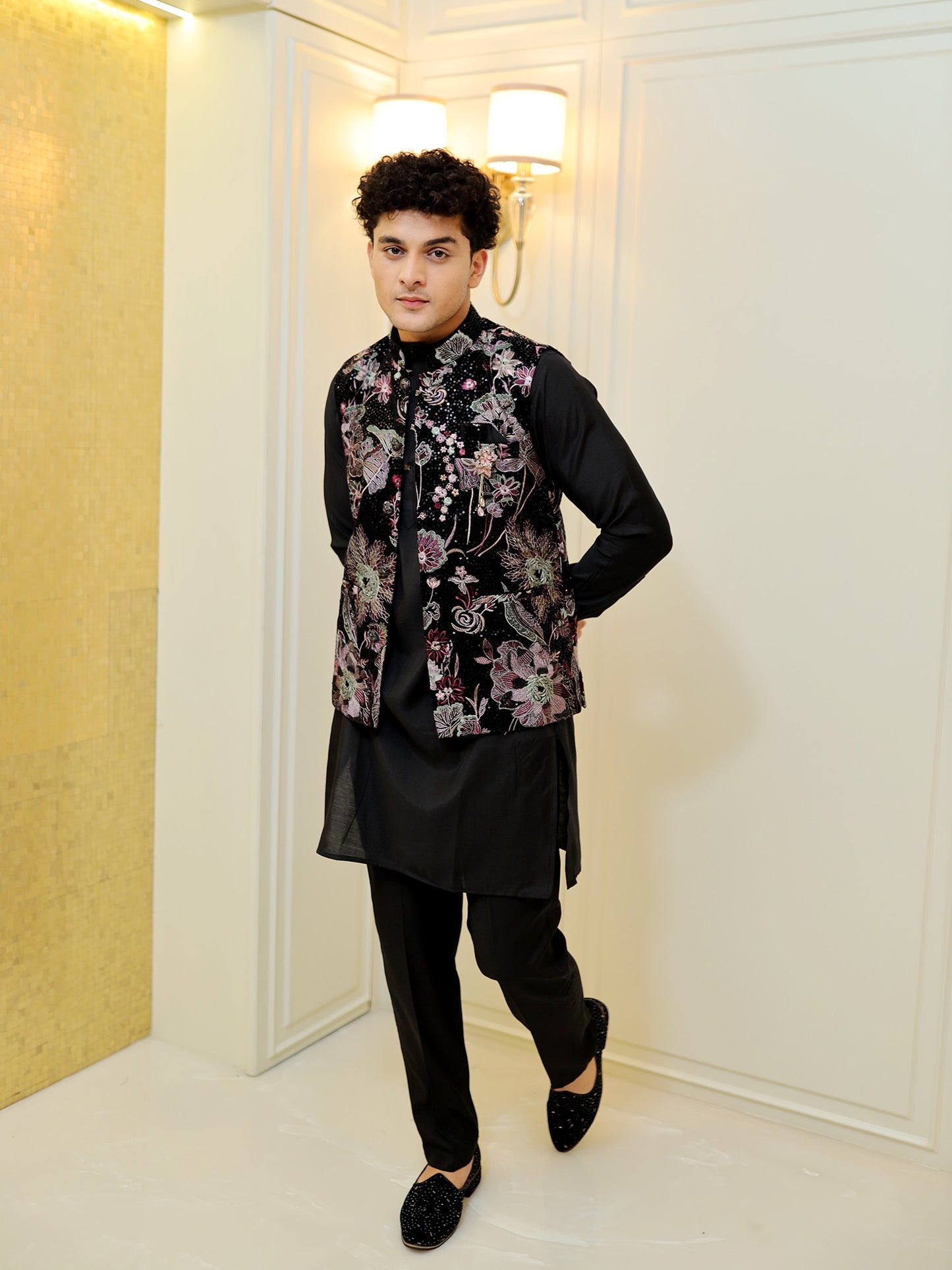 Midnight Bloom Fusion Kurta Set with Jacket