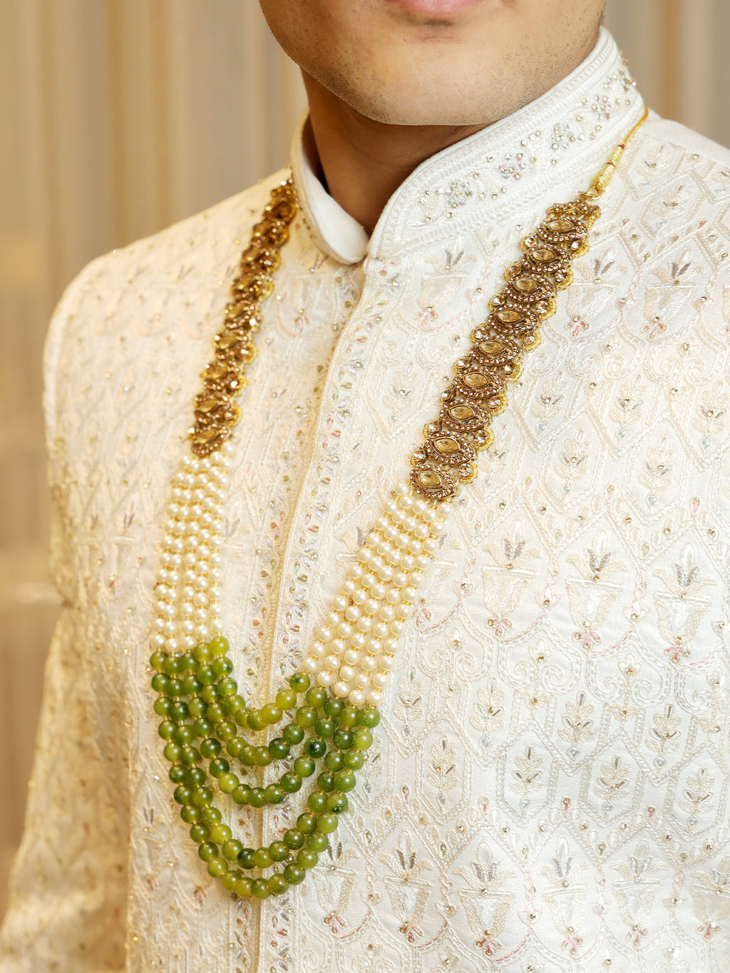 Emerald Medallion Mala with Golden Pearls