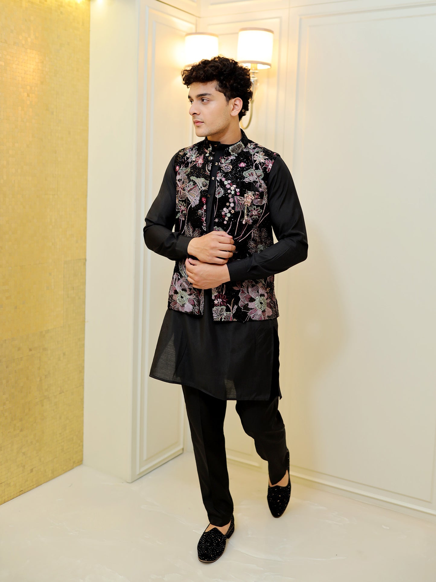 Midnight Bloom Fusion Kurta Set with Jacket