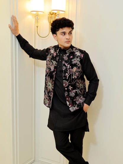 Midnight Bloom Fusion Kurta Set with Jacket